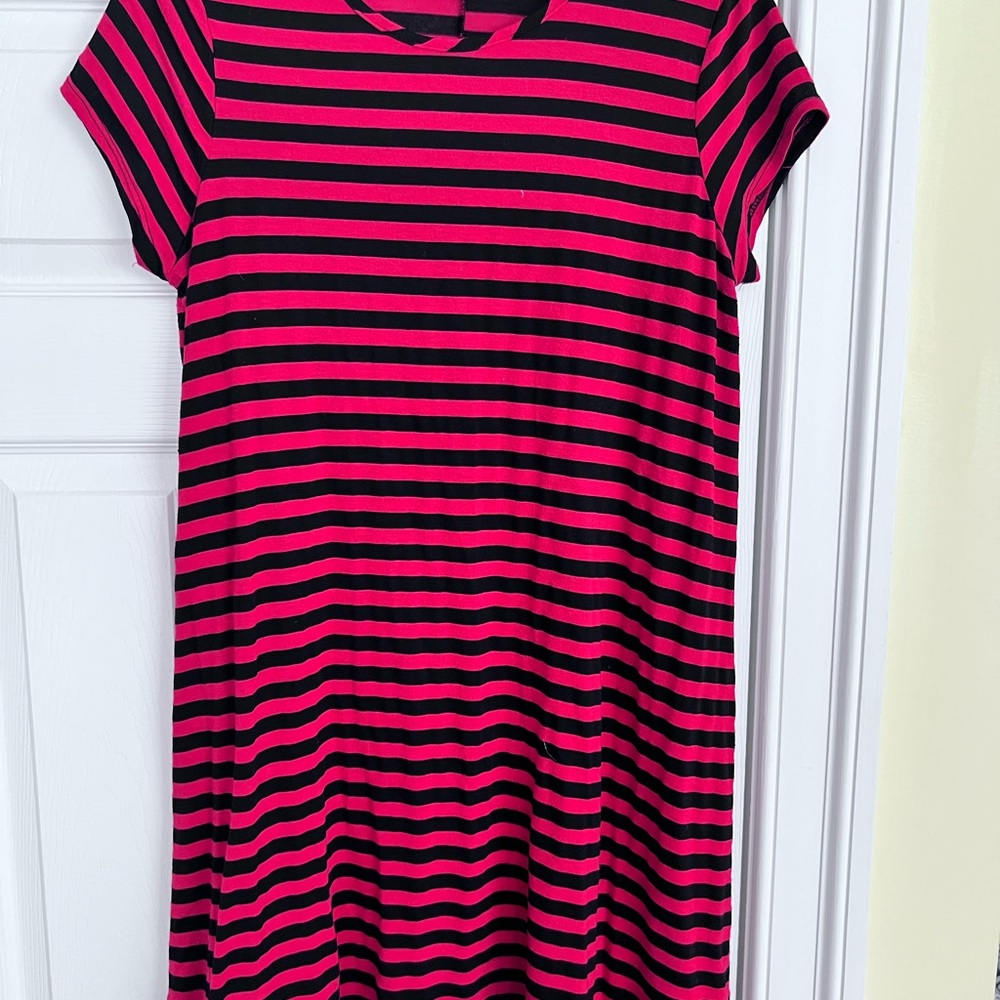 Ladies Size XL "Poof!" Vibrant Pink and Black Striped Dress GUC ❤️